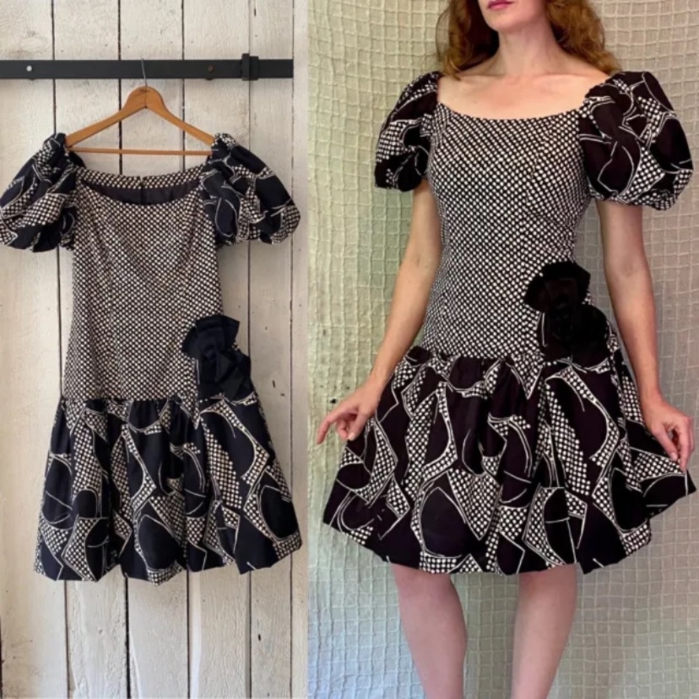 Vintage 80s Black Polka Dot Puff Sleeve Party Dress Victor Costa Neiman-Marcus M